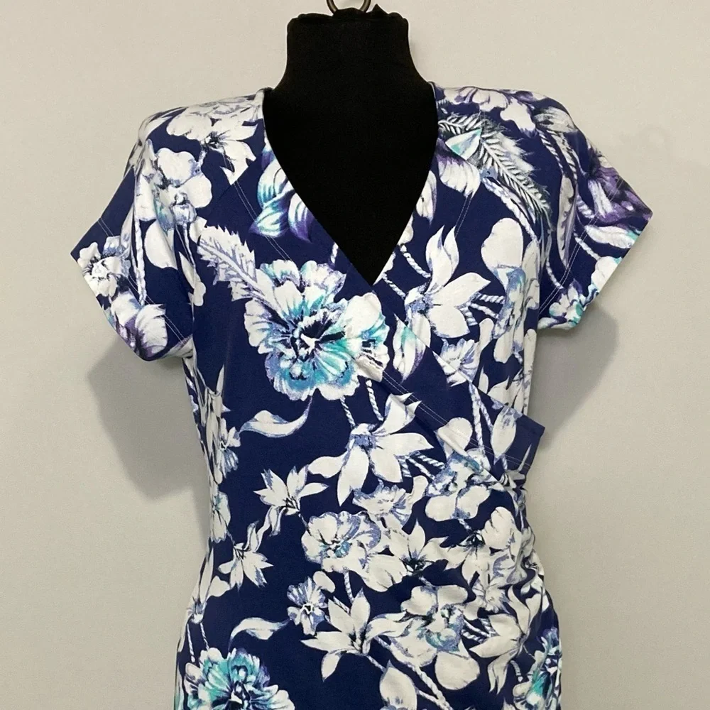 Soft Surroundings Women's Blue Floral Shapely Anywhere Faux Wrap Dress M